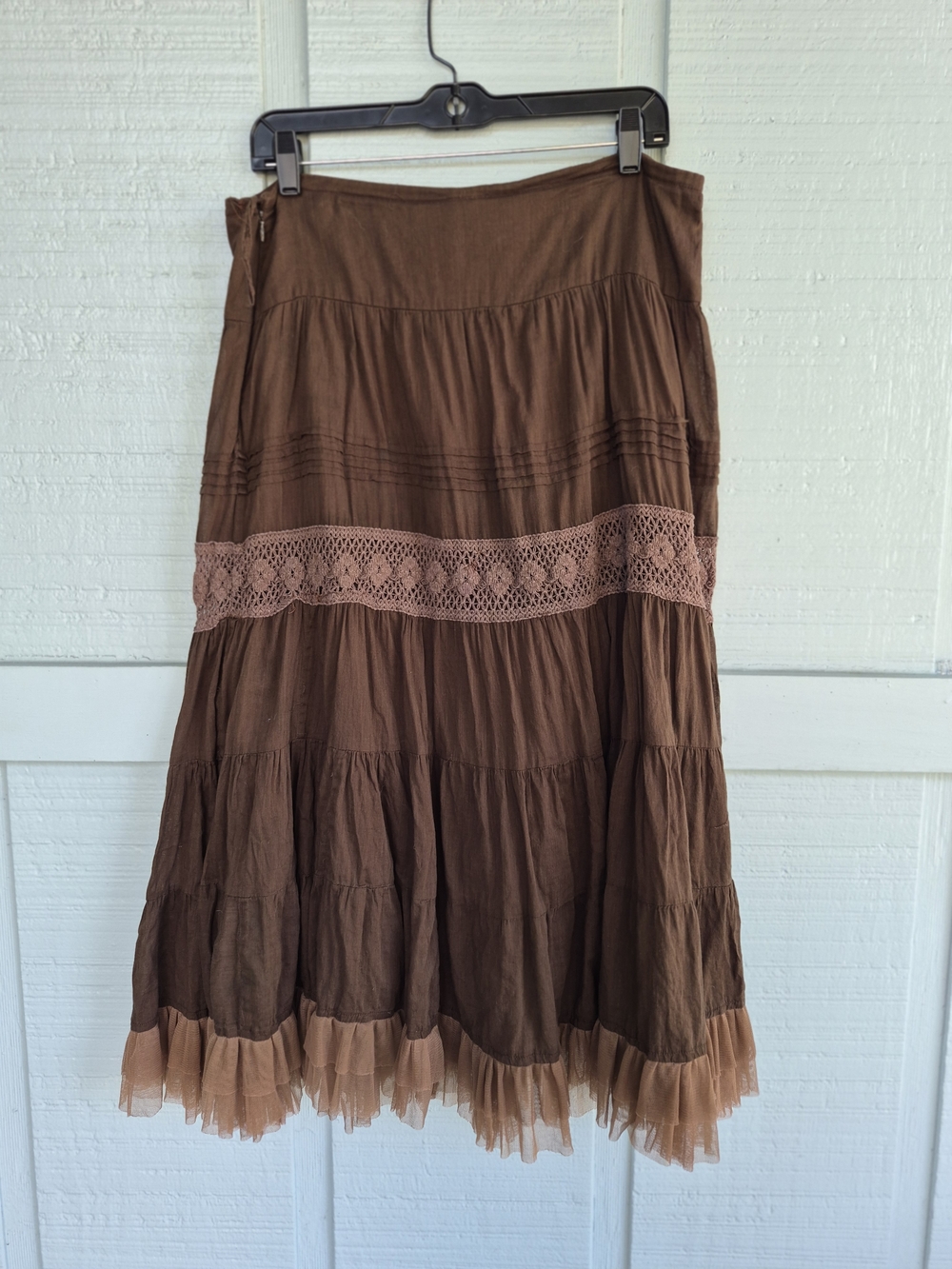 Derek Heart Brown Midi Tiered Skirt with Lace Band, Tulle Hem L Boho Fairycore - Picture 4 of 5